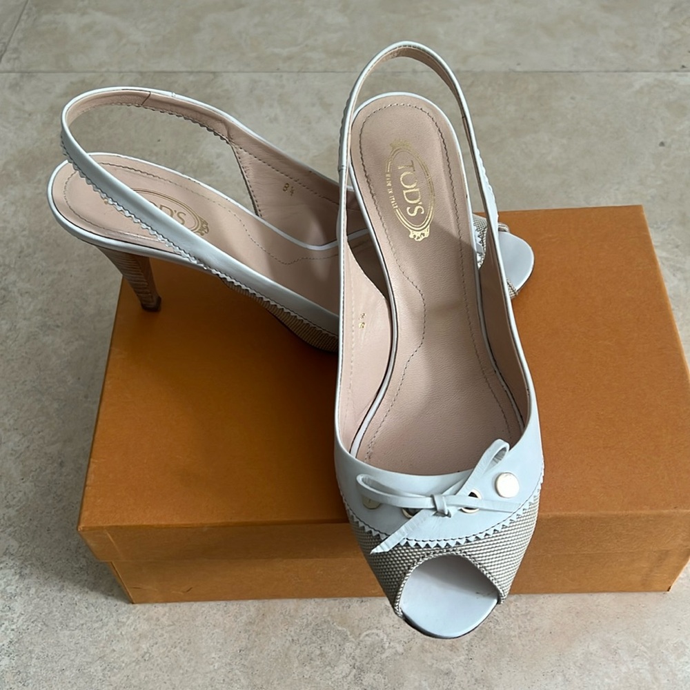 Tod’s sling back leather and fabric sandal